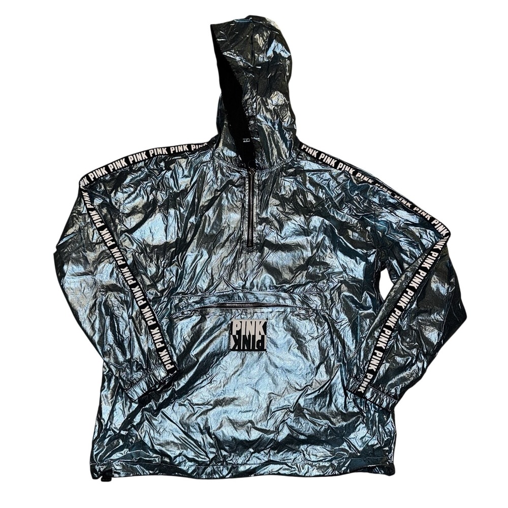 PINK Victoria's Secret Metallic‎ Blue Windbreaker Anorak Hoodie Logo Tape M/L